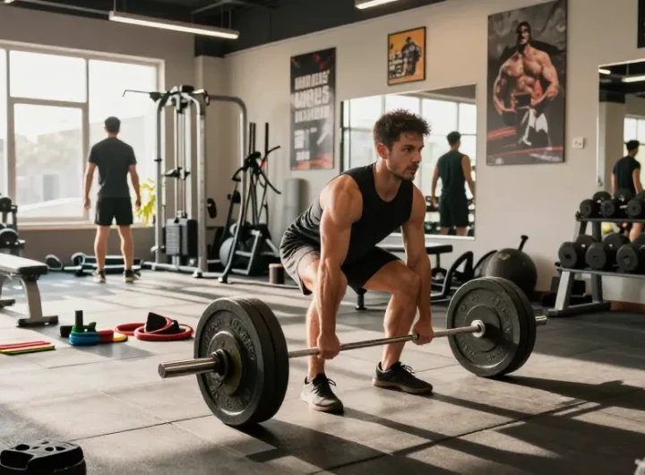 Anabolikashop: Sportler beim Deadlifting im Fitnessstudio, umgeben von Trainingsgeräten und motivierenden Postern.