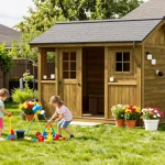 Familie im Garten mit neuem Gartenhaus kaufen, fröhliche Kinder und blühende Pflanzen.