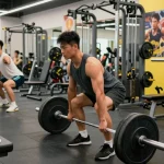 Intensives Training im Deus Shop mit Bodybuilder, Gewichten und motivierender Atmosphäre.