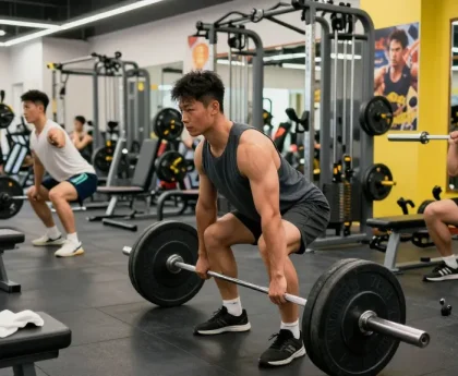 Intensives Training im Deus Shop mit Bodybuilder, Gewichten und motivierender Atmosphäre.