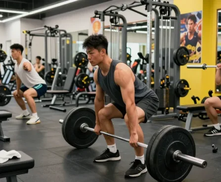 Intensives Training im Deus Shop mit Bodybuilder, Gewichten und motivierender Atmosphäre.