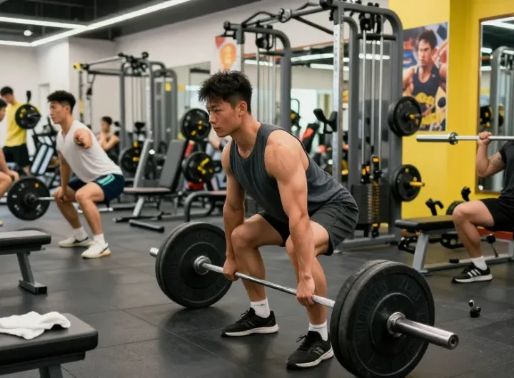 Intensives Training im Deus Shop mit Bodybuilder, Gewichten und motivierender Atmosphäre.