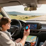 CO Detektor Fahrzeug im Einsatz im Auto während einer Reise mit warmem Licht und sicherer Atmosphäre.