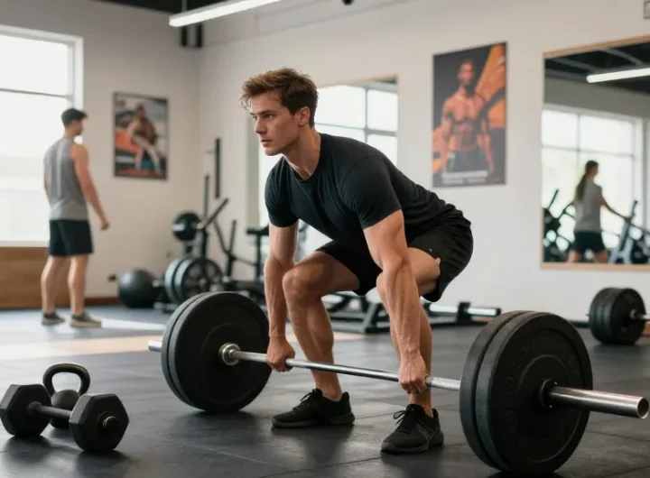 Steroide im Steroidshop kaufen: Bodybuilder trainiert im Fitnessstudio mit Gewichten.