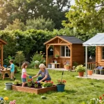 Hochwertige Gartenhäuser von McGarden24 im Garten, mit Menschen beim Pflanzen und Dekorieren, sonnige Atmosphäre.