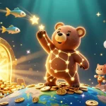 Realz Casino ohne Einzahlung: 3D Illustration mit einem goldenen Sternenbären und Schätzen.