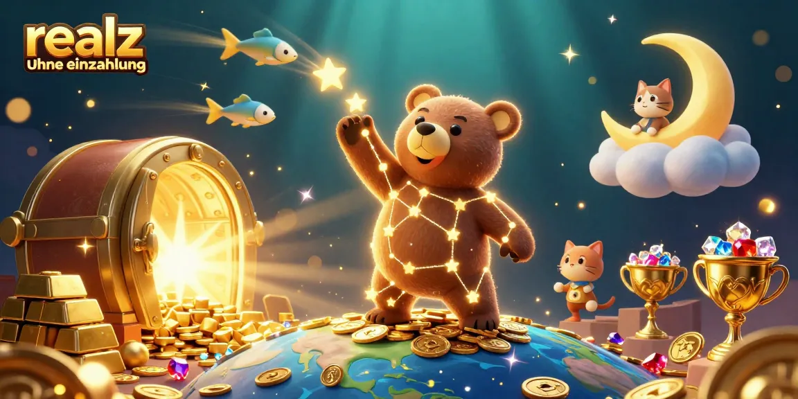 Realz Casino ohne Einzahlung: 3D Illustration mit einem goldenen Sternenbären und Schätzen.