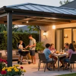 Moderne Terrassenüberdachung mit Familie beim Grillen in gemütlicher Atmosphäre.