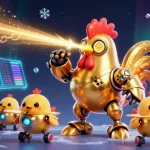 Experience sunwin's action with a golden rooster robot and crypto elements in vibrant 3D.